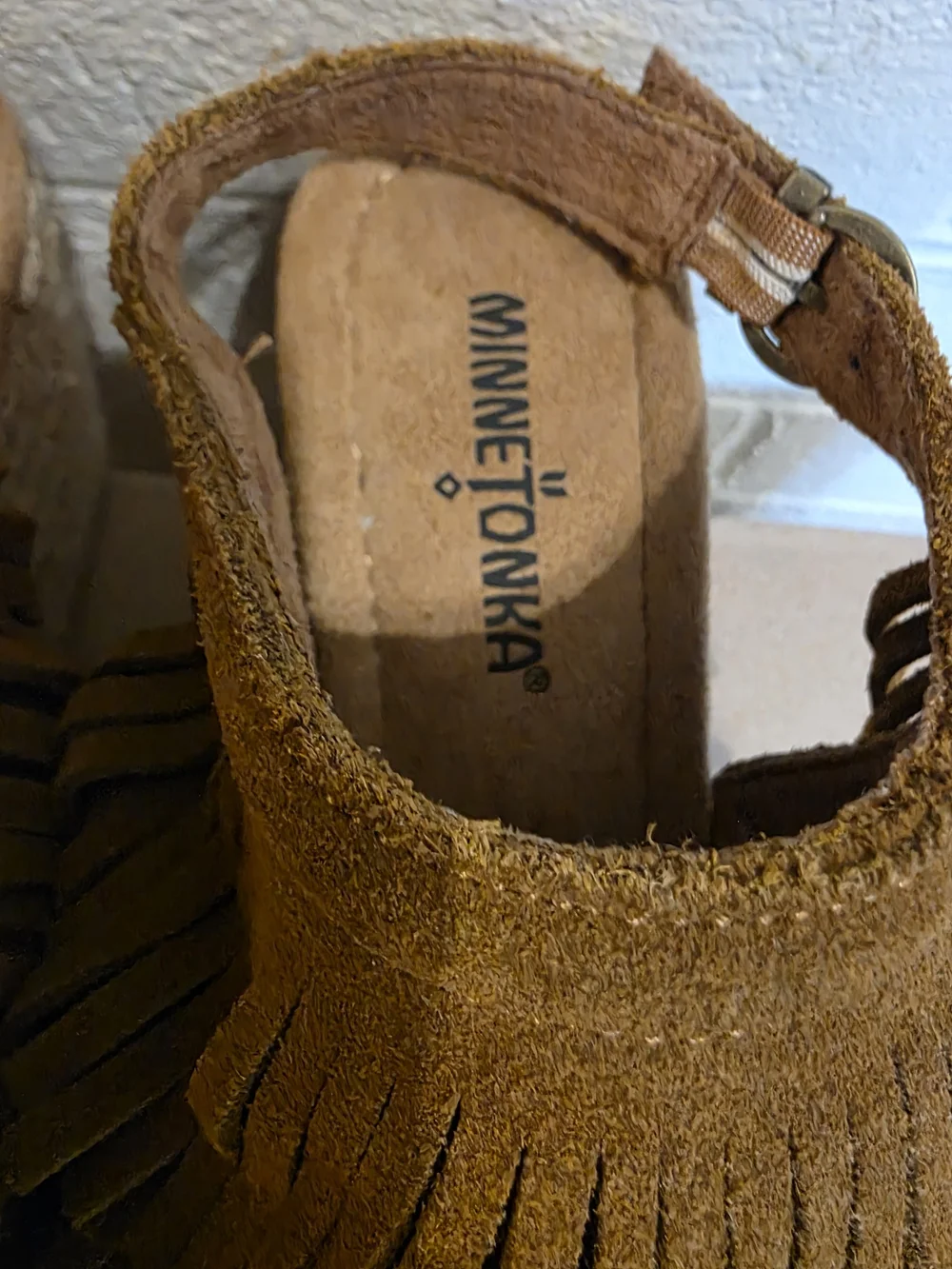 Minnetonka Brown Suede Fringe Espadrille Wedge Slingback Sandals Women's Sz 9